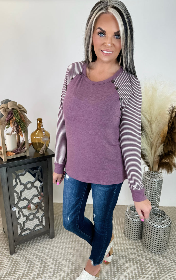 Plum Stripped Button Long Sleeve