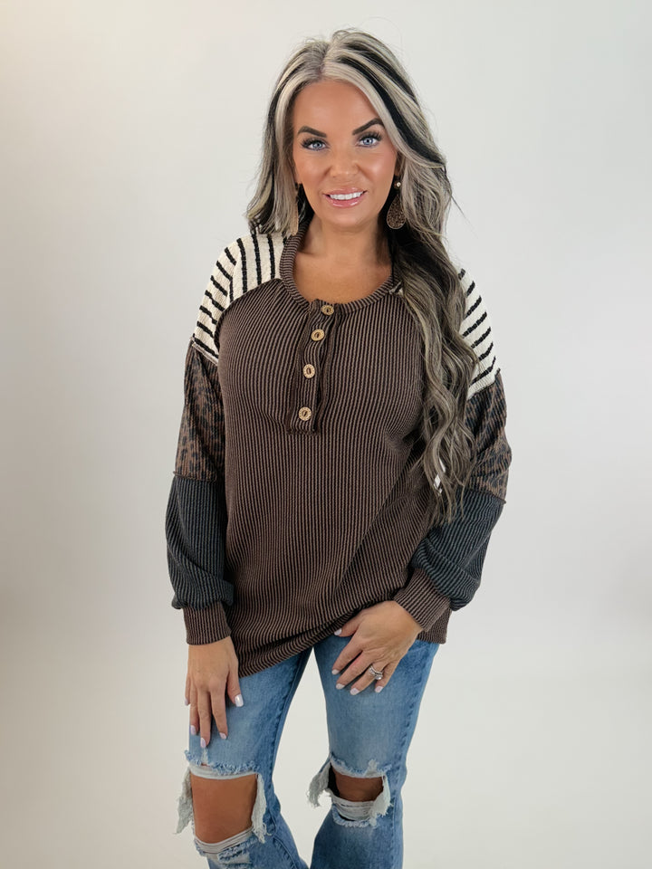 Striped & Leopard Contrast Henley Top