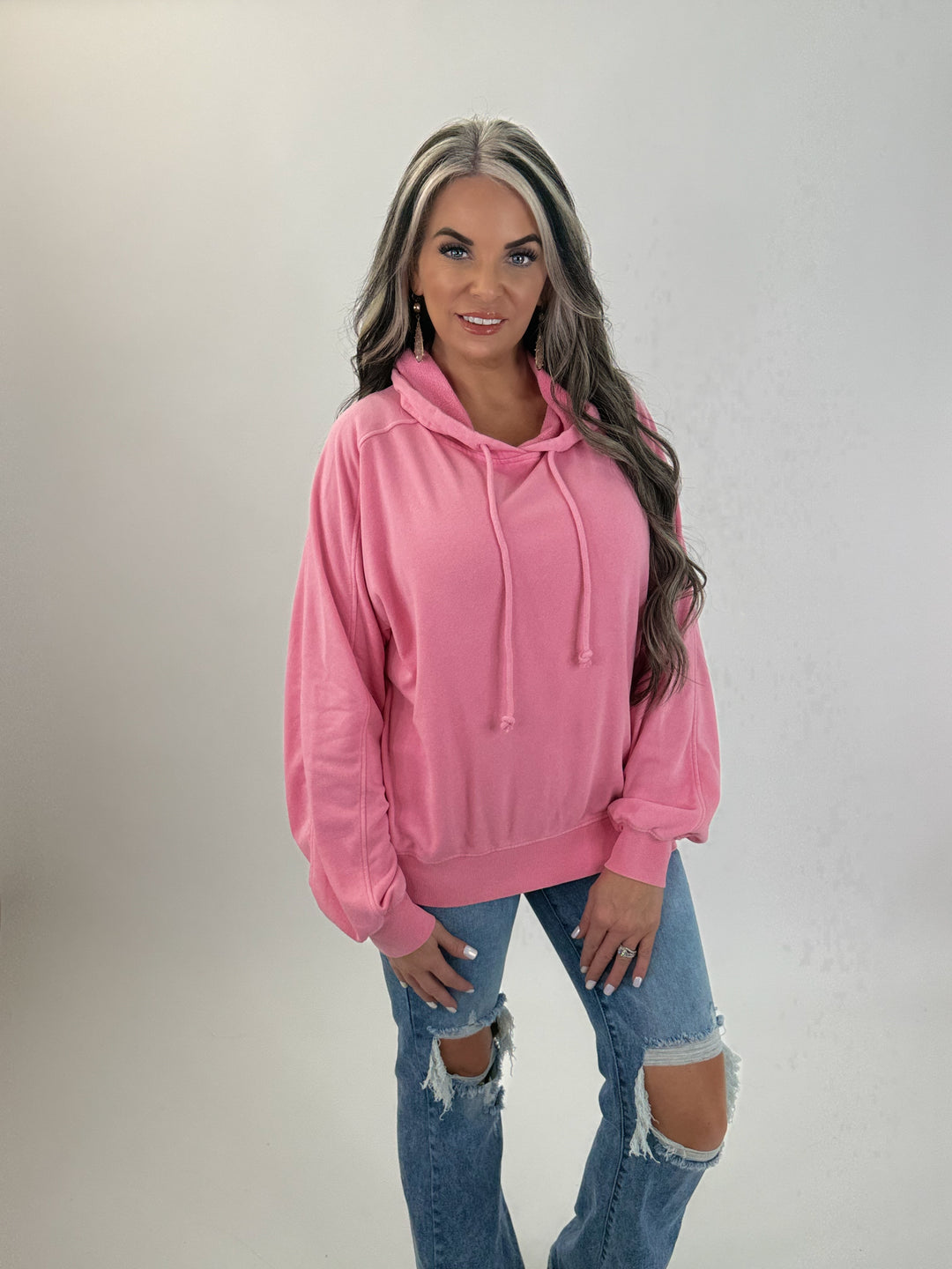 Mineral Washed Seam Detail Hoodie: TAFFY PINK