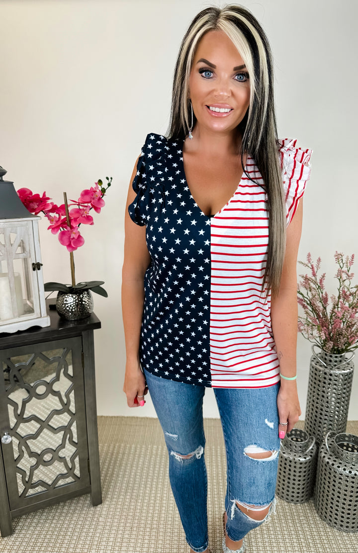 RUFFLE PATRIOTIC COLOR BLOCK TOP.