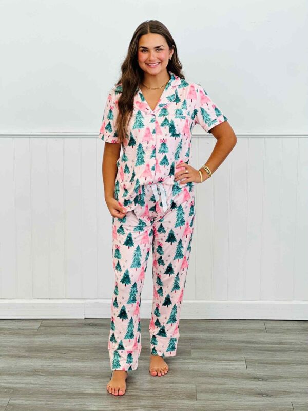 Pink Tree Button Down Pant Pajama set