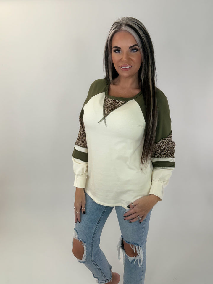 Olive & Leopard Colorblock Sweatshirt