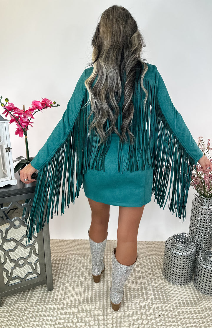 Giddy Up Suede Fringe Dress - Turquoise