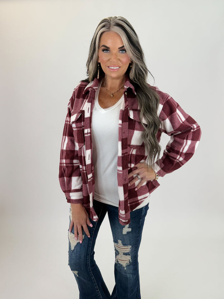 Check Printed Fleece Shacket-burgundy