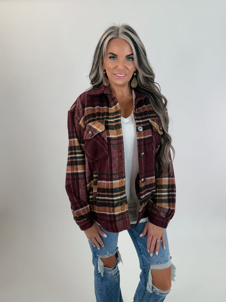 DOORBUSTER Long Sleeve Plaid Button Down Casual Jacket BURGUNDY