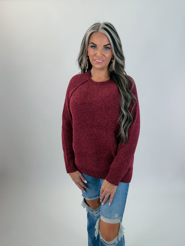 PERFECTLY YOU  CHENILLE RAGLAN SWEATER Burgundy