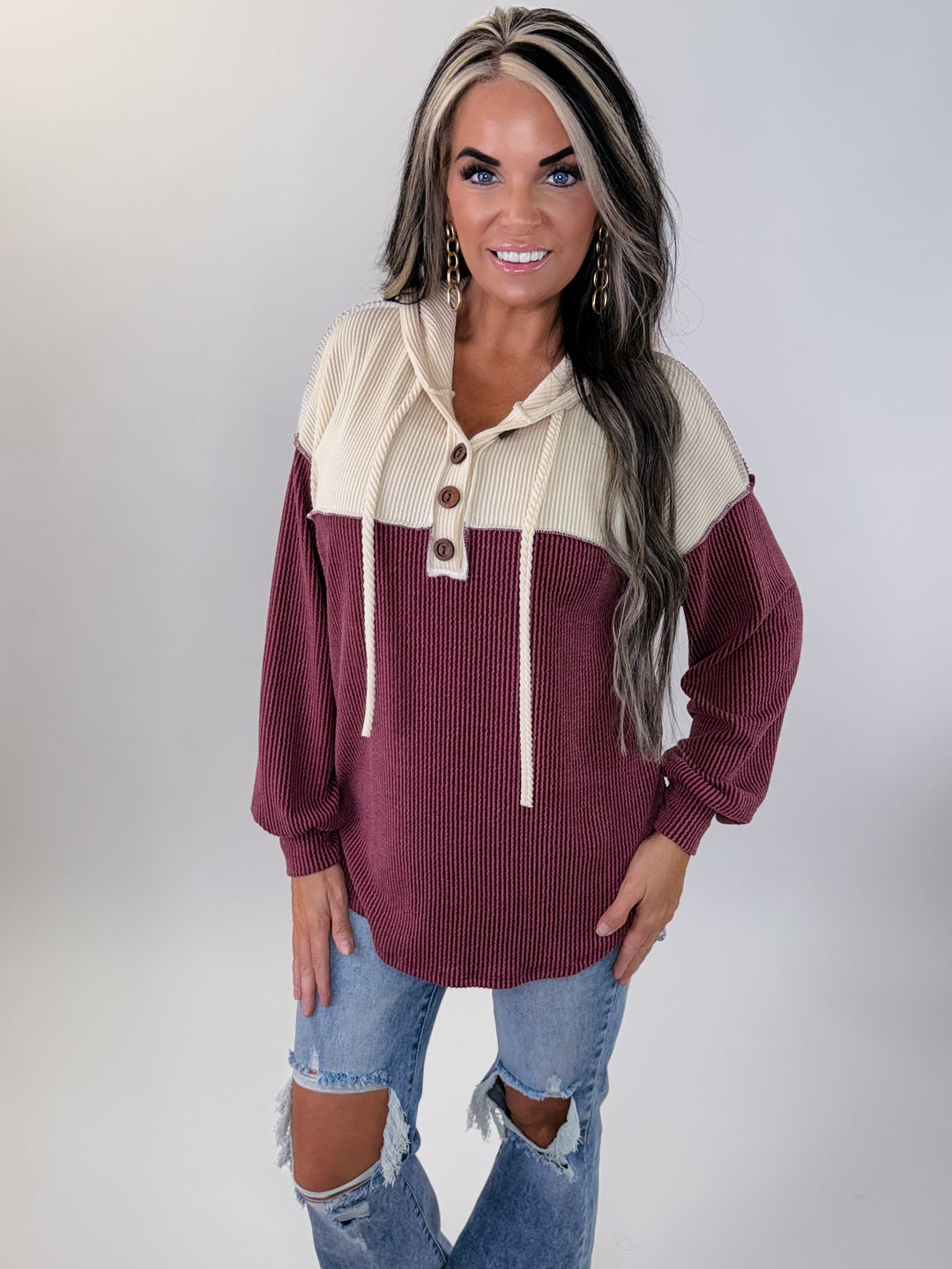 Wine & Cream Colorblock Henley pullover
