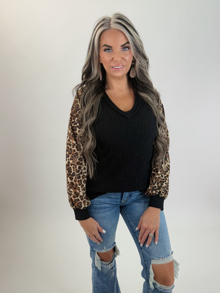 DOORBUSTER Ribbed Leopard Contrast Top