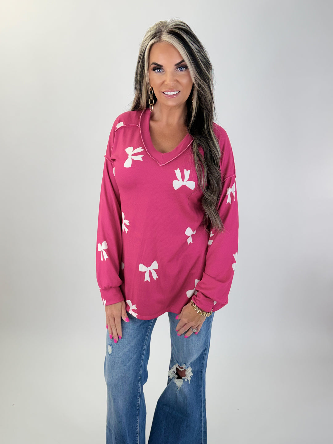 Bow Print V-Neck Top