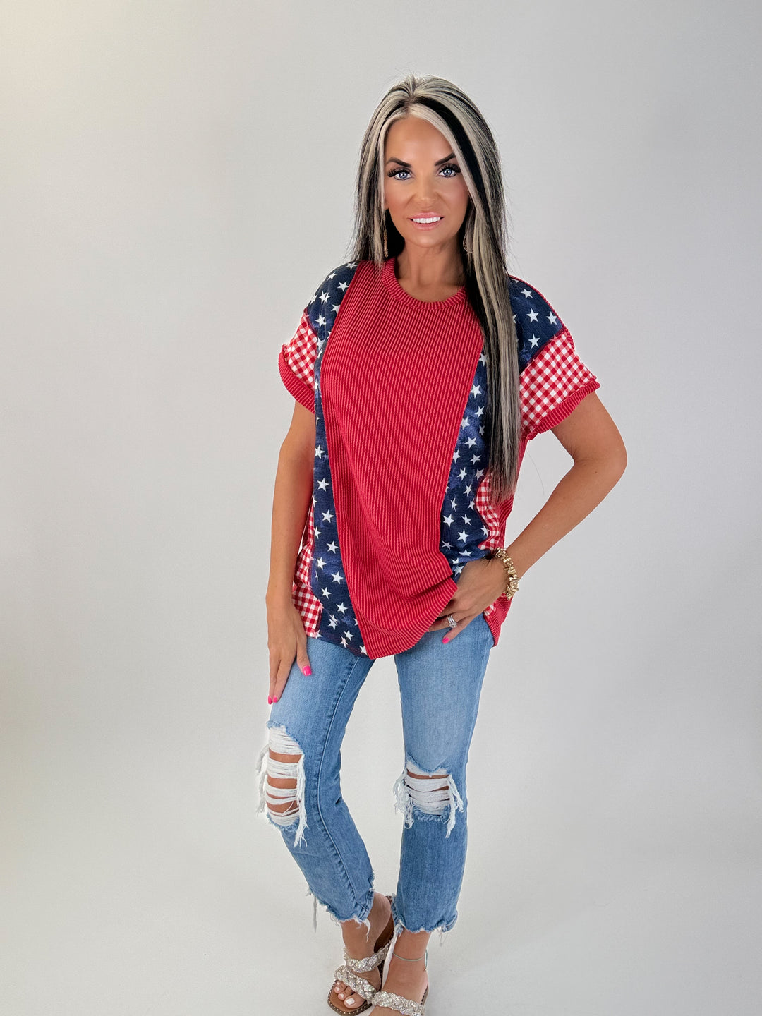 *PRE ORDER* STARS & STRIPES PATCHWORK TOP est ship date 5-19