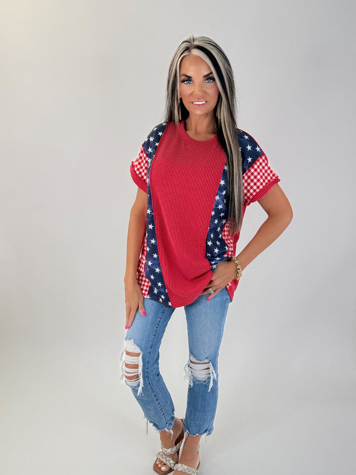 *PRE ORDER* STARS & STRIPES PATCHWORK TOP est ship date 5-19