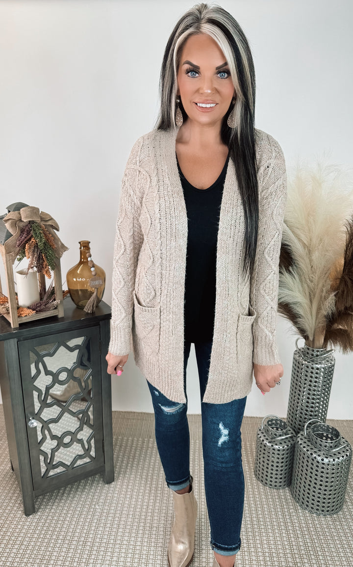 OPEN FRONT, CABLE CARDIGAN WITH POCKET- Beige