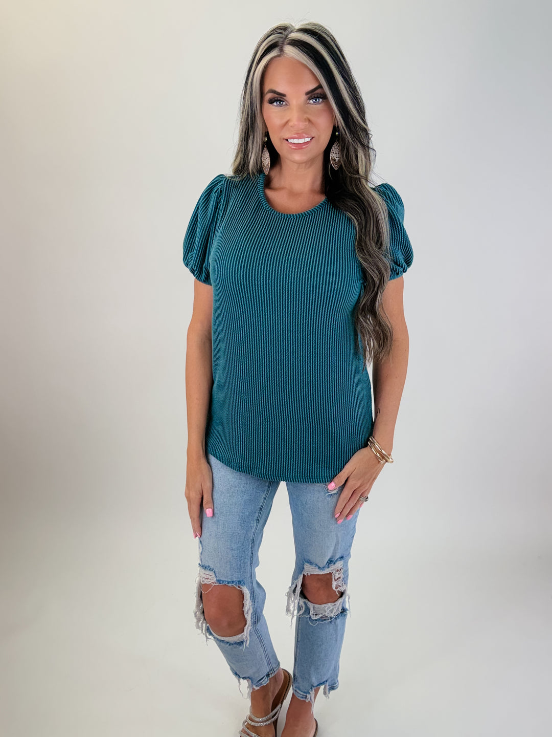 Emerald Hour Ribbed Puff Sleeve Top