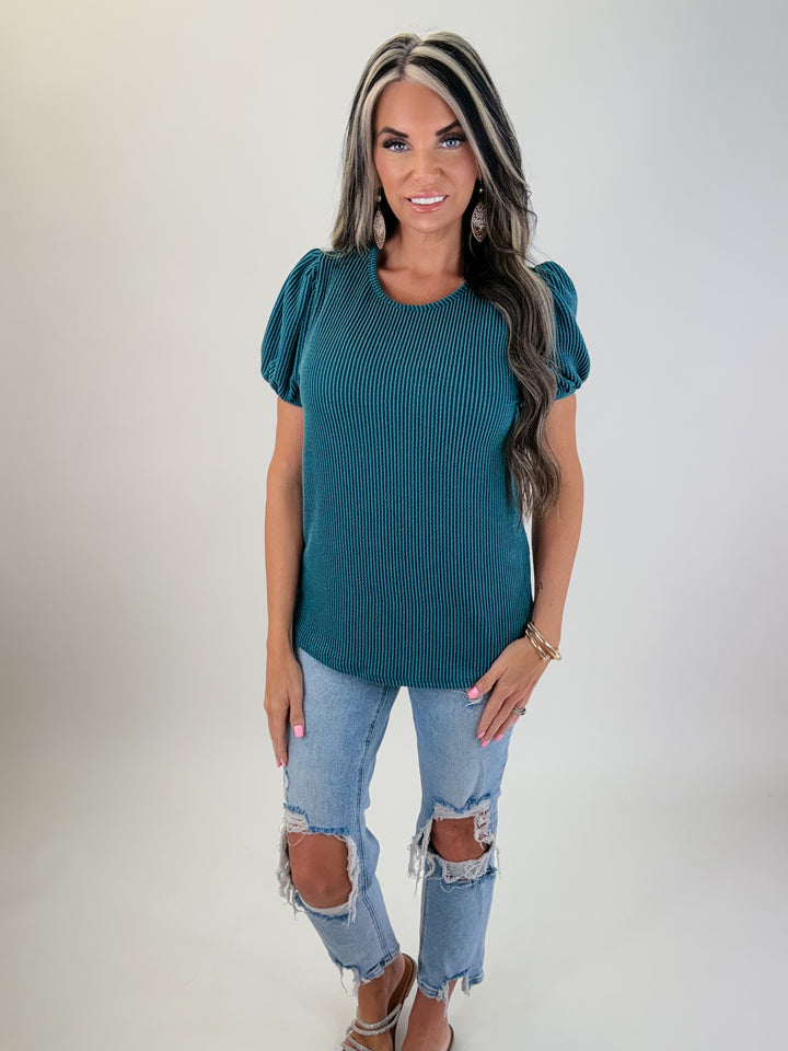 Emerald Hour Ribbed Puff Sleeve Top