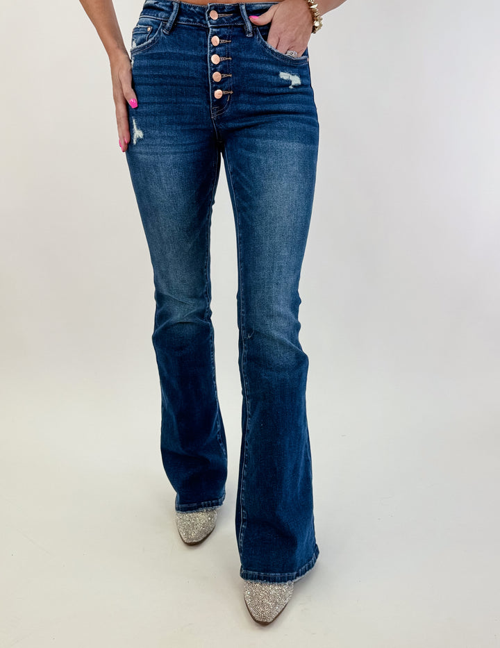 High Rise Button Fly Flare Jeans
