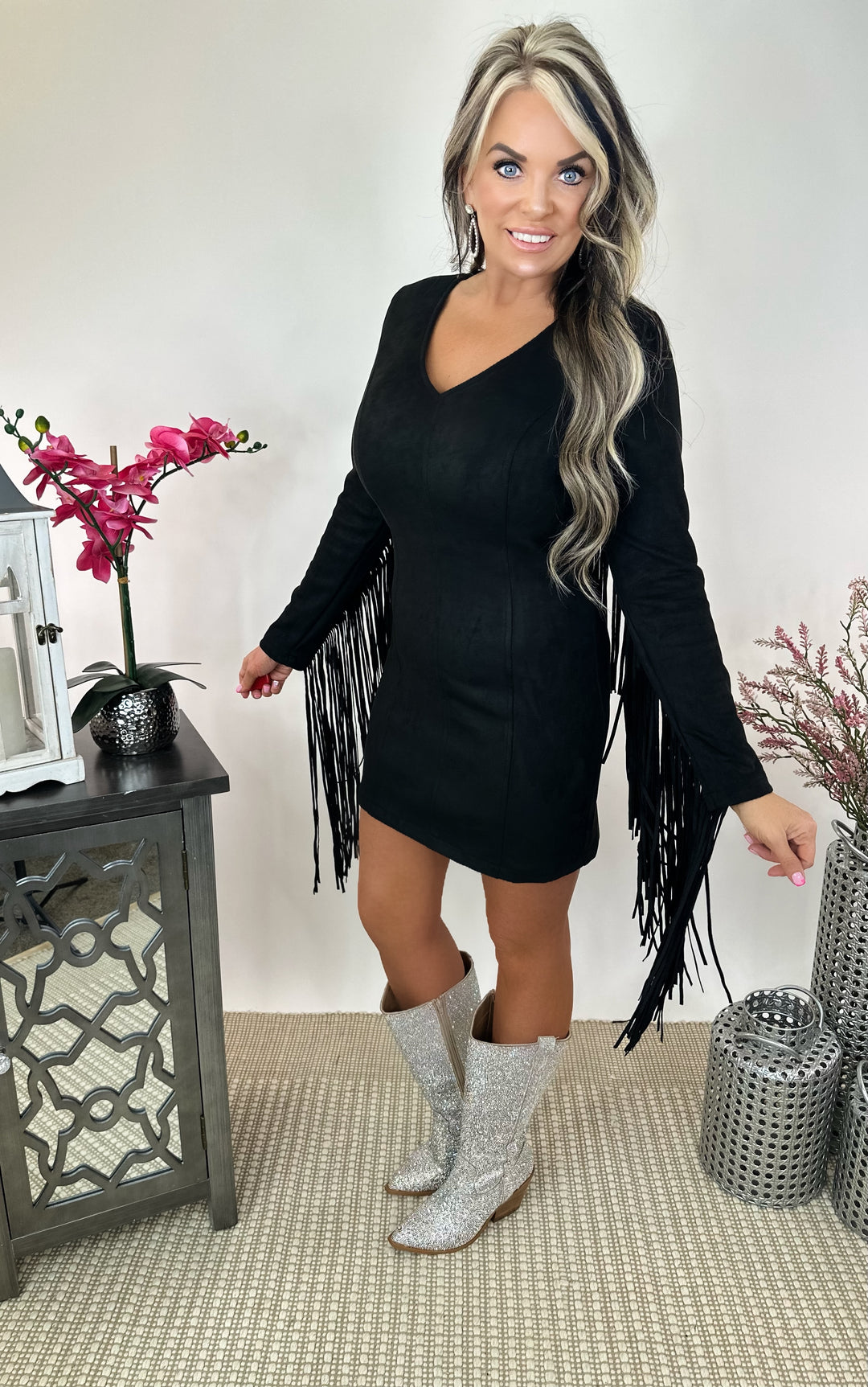 Giddy Up Suede Fringe Dress - Black