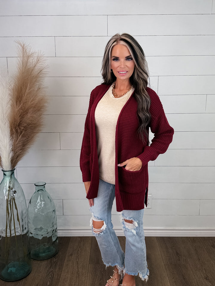 COZY DAYS POCKET CARDIGAN- BURGUNDY