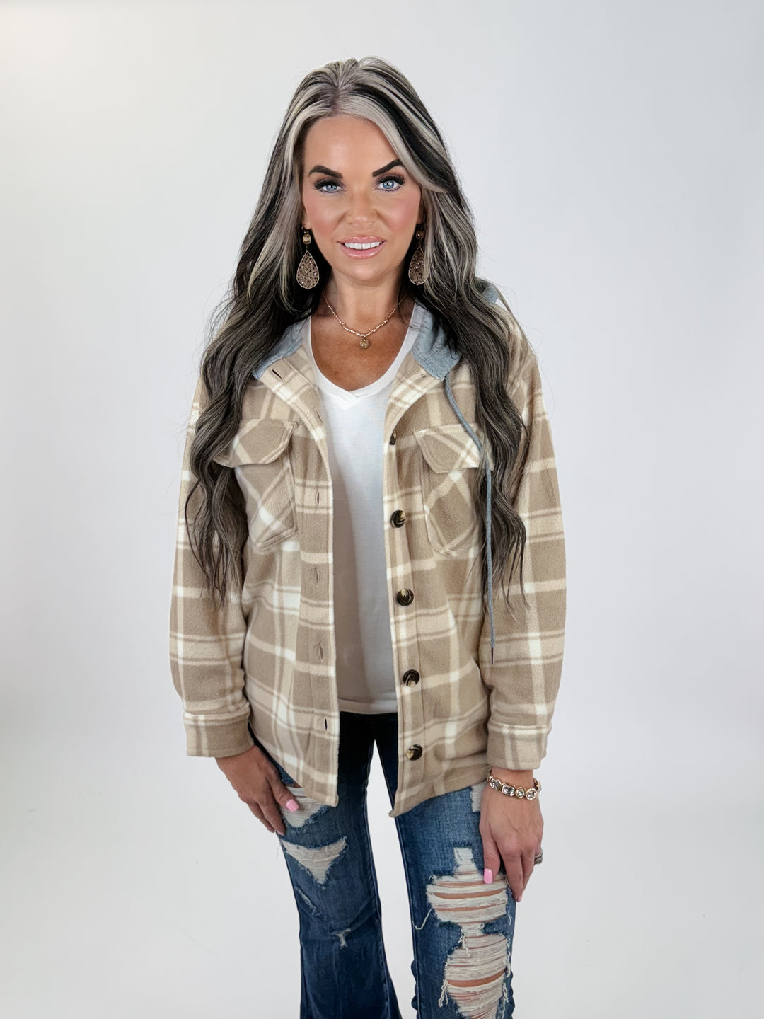 Plaid Button Down with Hoodie Fleece shacket:-mocha/ivory