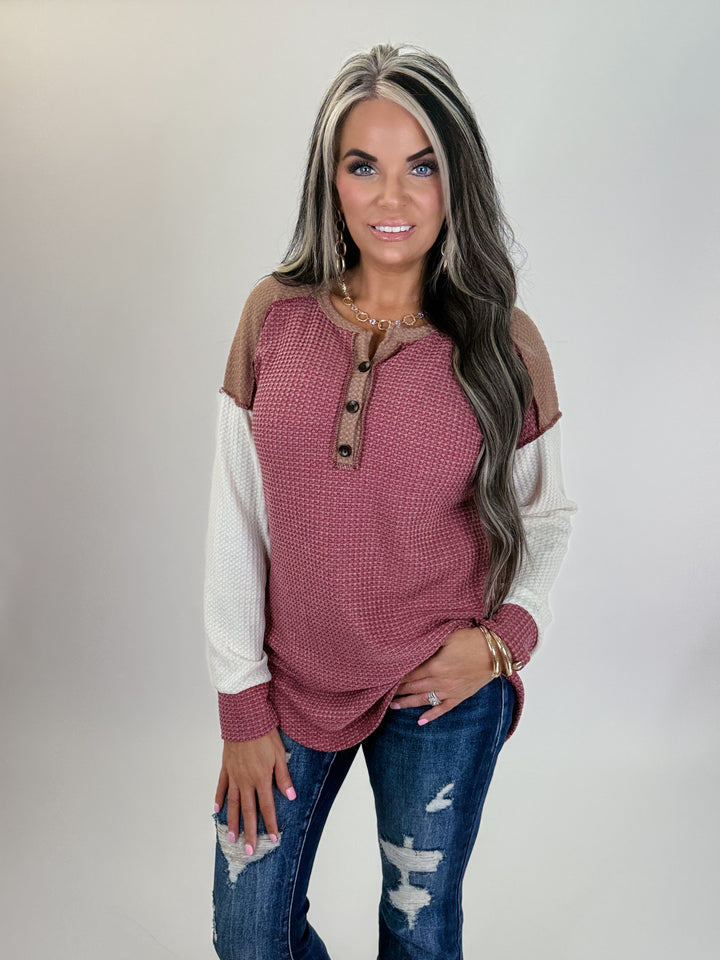 Rosy Days Button Waffle Top