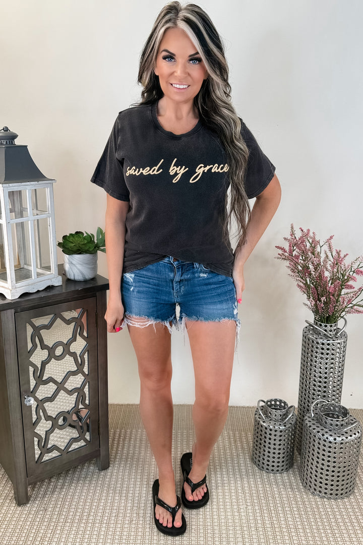 'PUFF' Saved By Grace Graphic S/S Washed Tee: BLACK