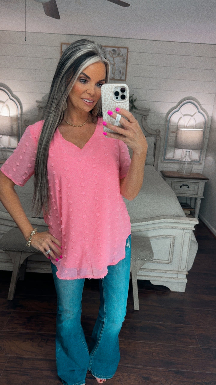 Swiss Dot V-Neck Blouse – Pink