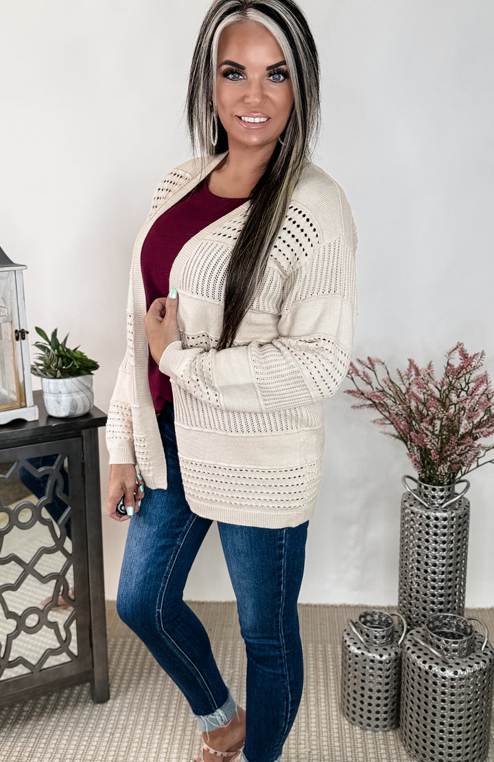 OPEN FRONT POINTELLE SWEATER CARDIGAN: OATMEAL