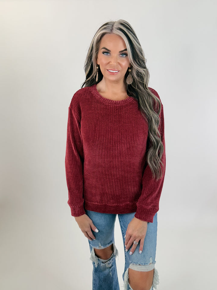 Doorbuster - Warm Wishes Chenille Sweater – burgundy