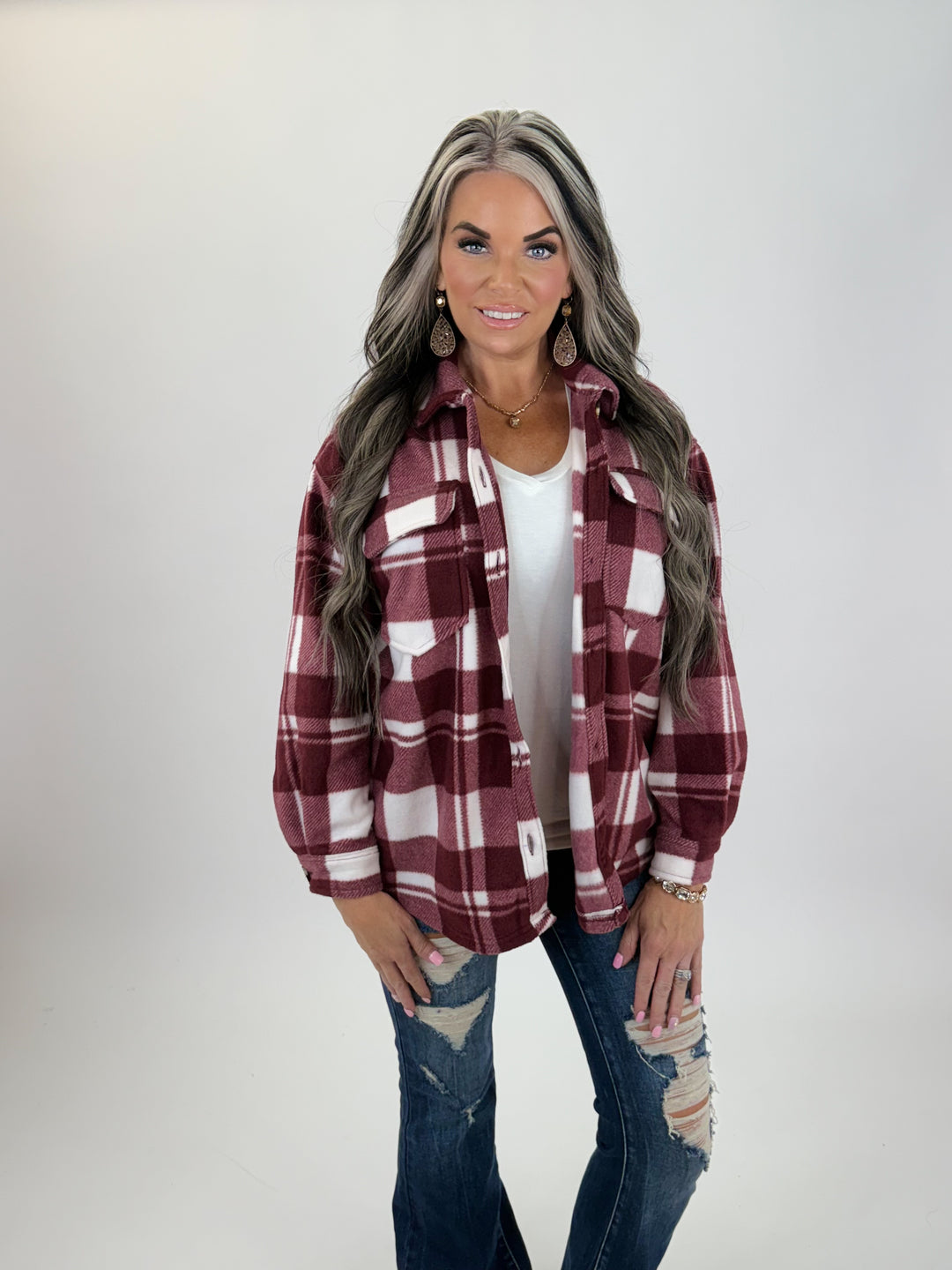 Check Printed Fleece Shacket-burgundy