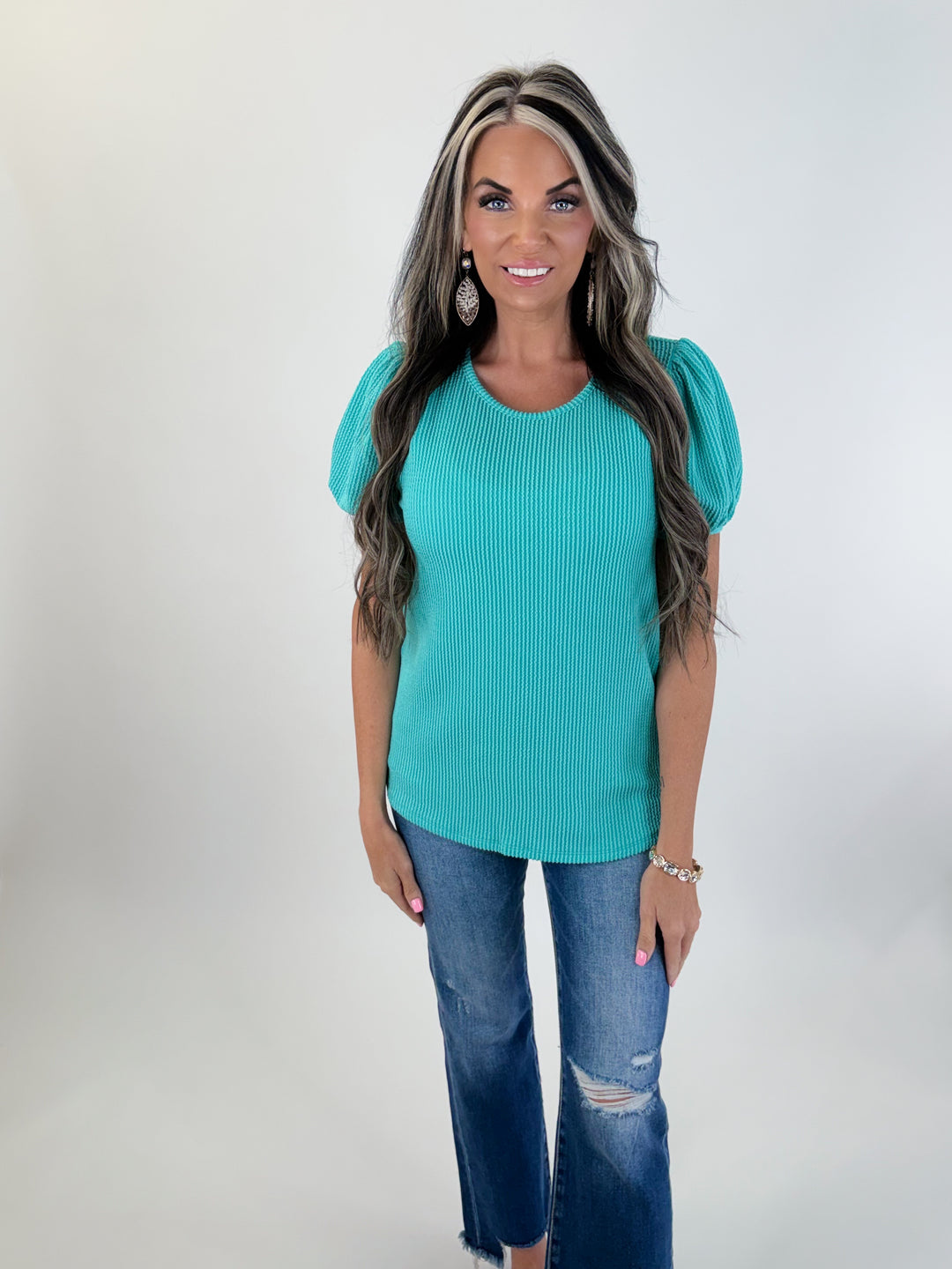 Coastal Breeze Puff Sleeve Ribbed Top