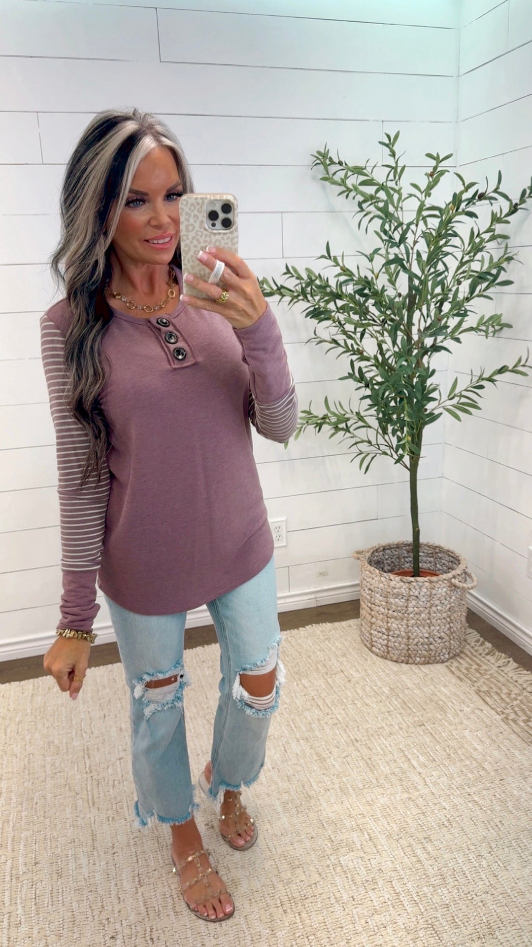STRIPE WEEKEND HENLEY SLEEVE TOP