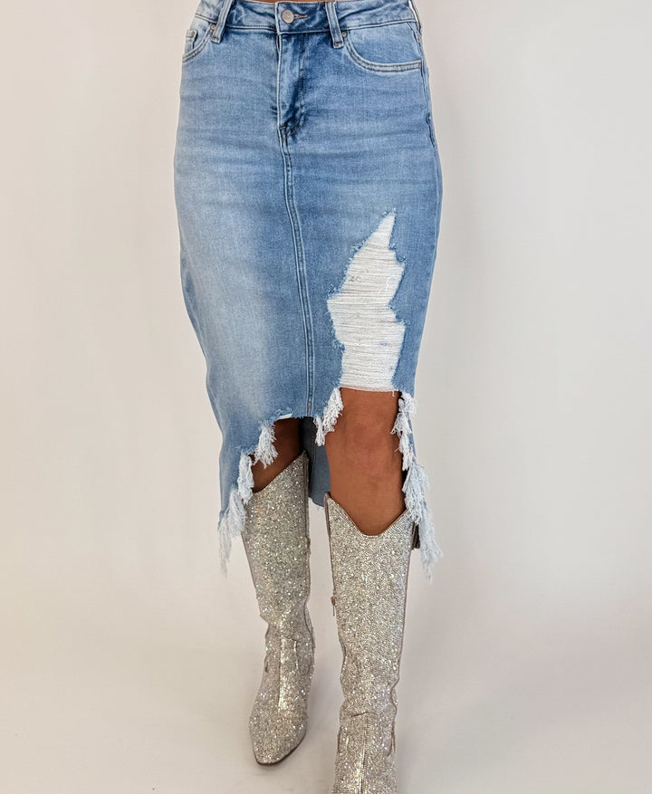 Reckless Rodeo Distressed Midi Skirt
