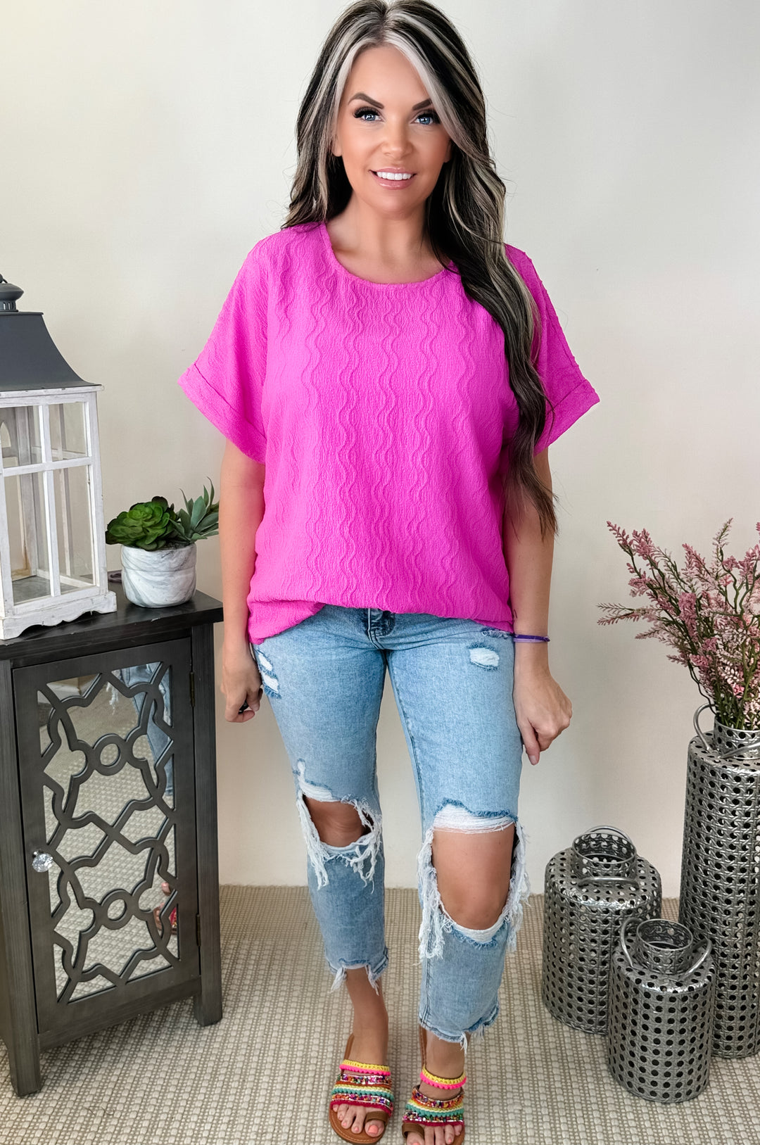 Textured Dolman Sleeve Top: HOT MAGENTA