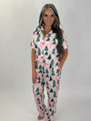 Pink Tree Button Down Pant Pajama set