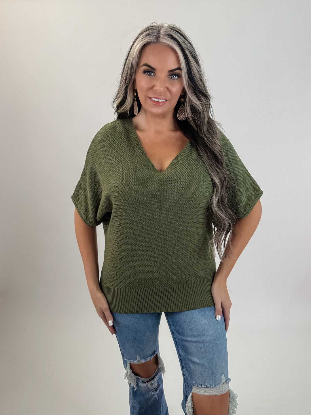 V Neck SS Dolman Top - olive