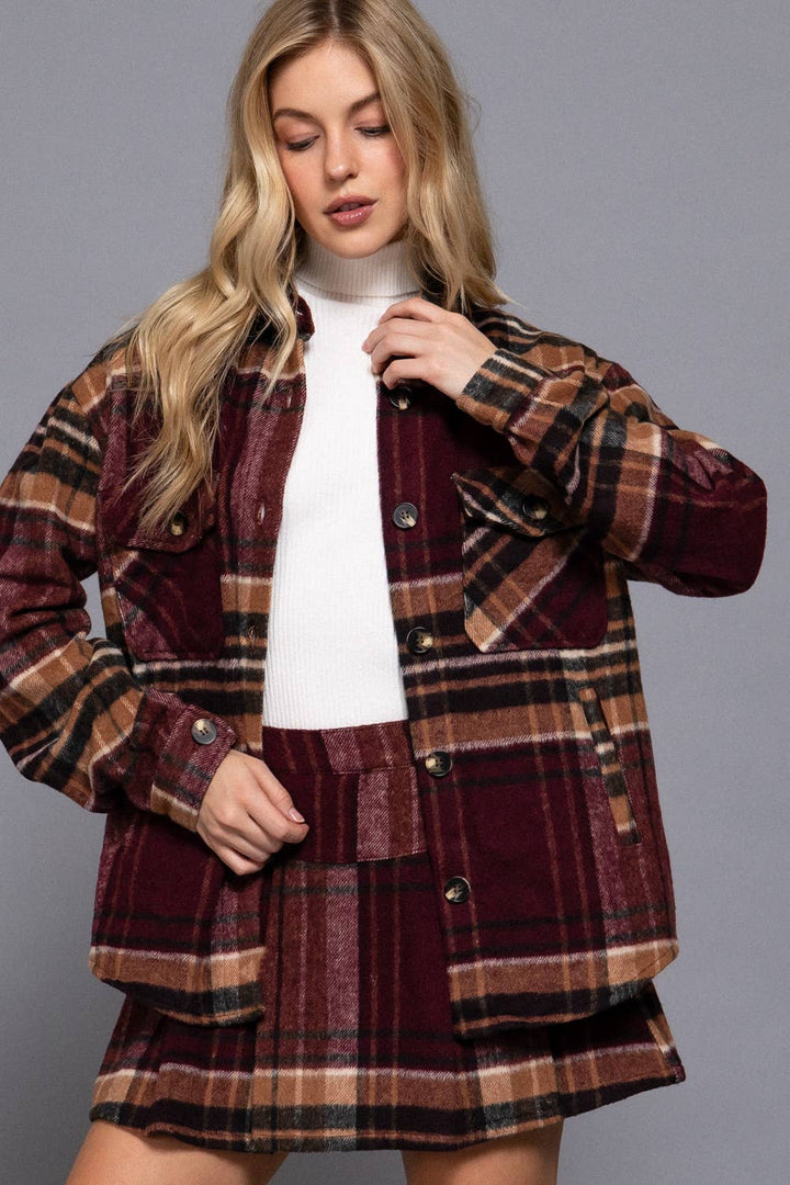 DOORBUSTER Long Sleeve Plaid Button Down Casual Jacket BURGUNDY