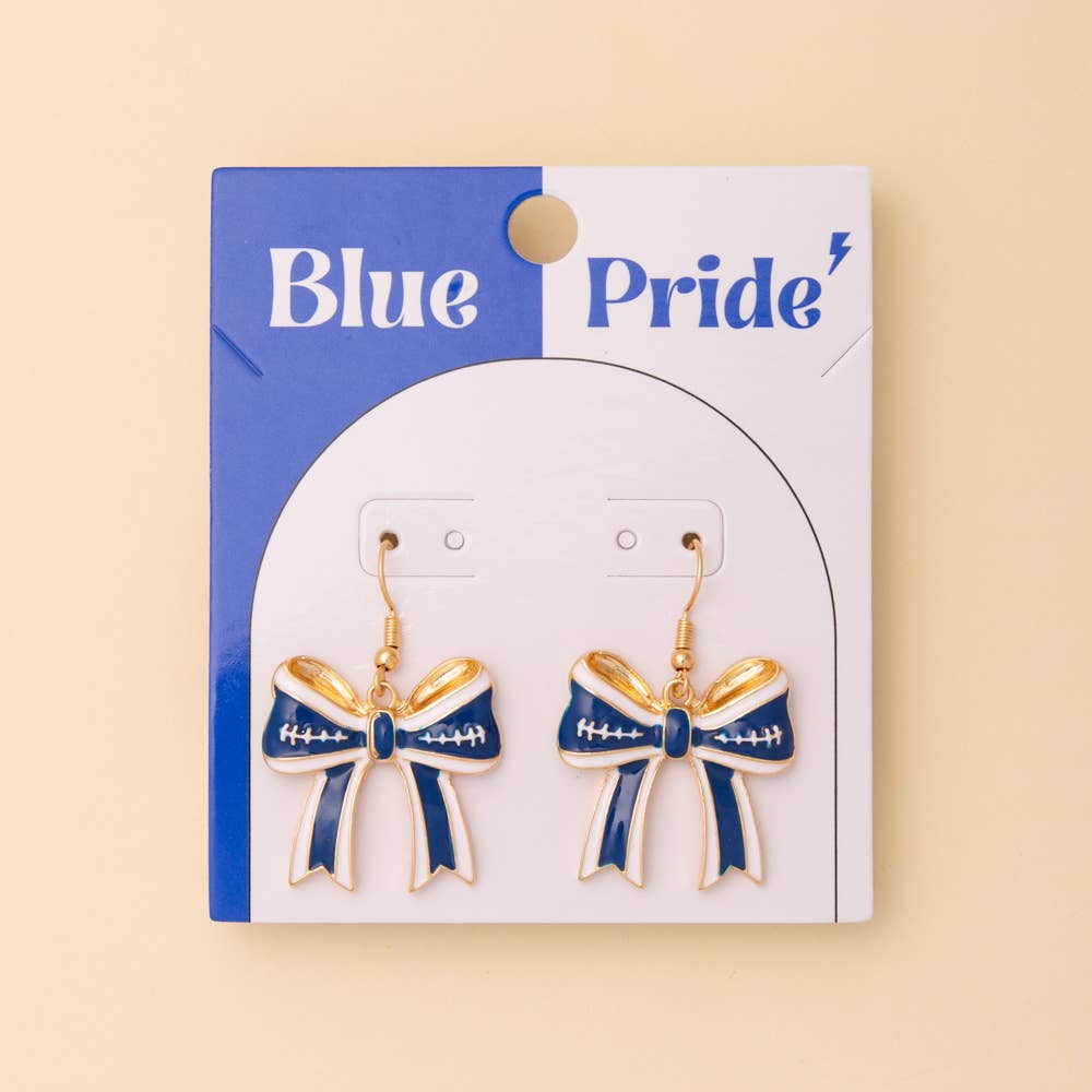 Game Day Enamel Chevron Bow Ribbon Dangle Earrings: Blue White