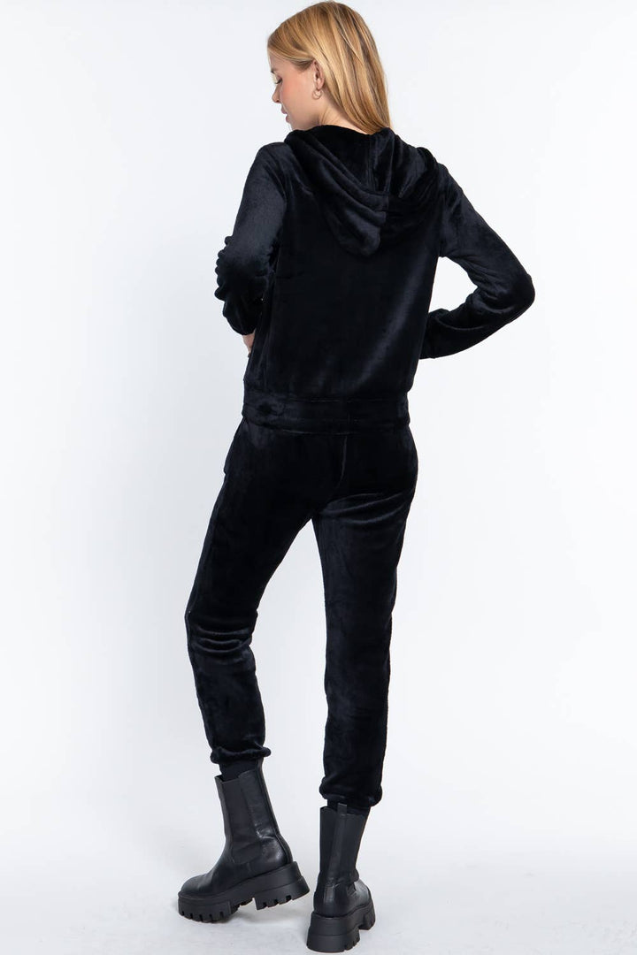 DOORBUSTER Long Sleeve Faux Fur Hoodie Jacket & Jogger Pants Set: Blk-Black
