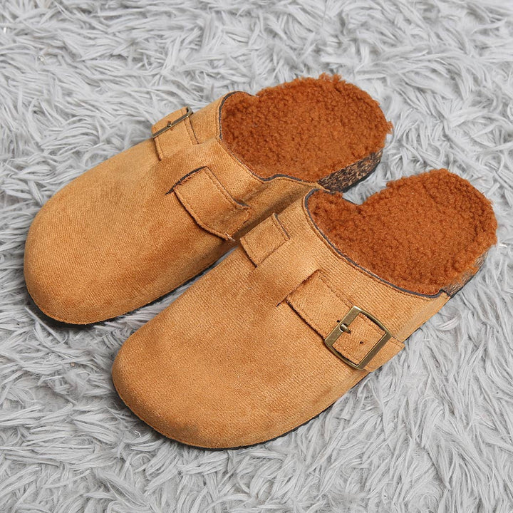 Solid Faux Fur Suede Buckle Mule Slippers: CAMEL / One Size