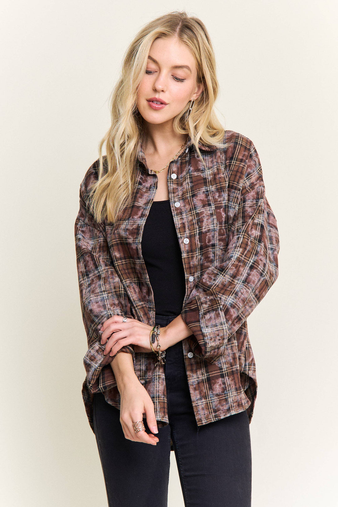 BURNOUT PLAID WASHED-LOOK SHIRT: Brown