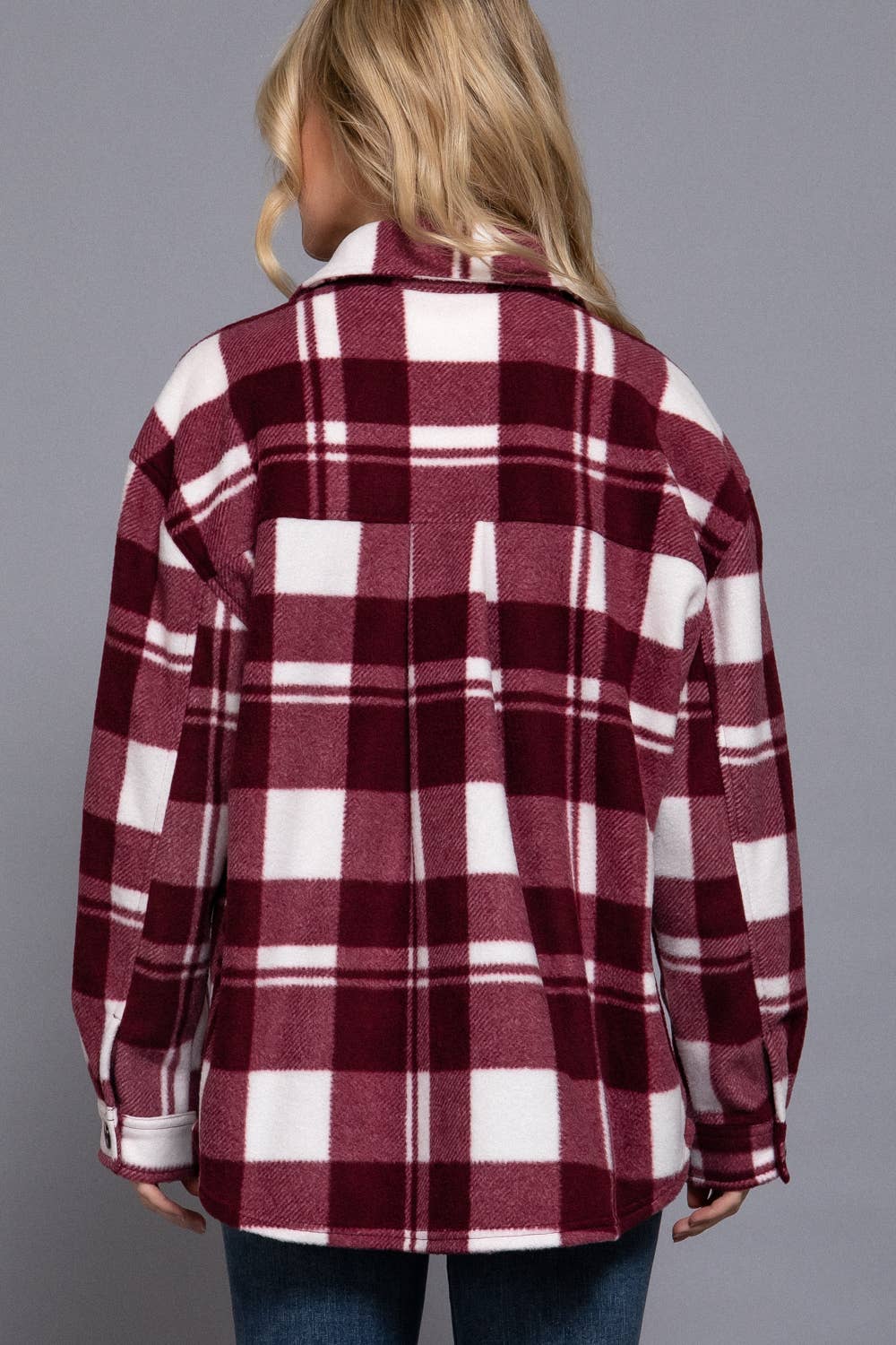 Check Printed Fleece Shacket-burgundy