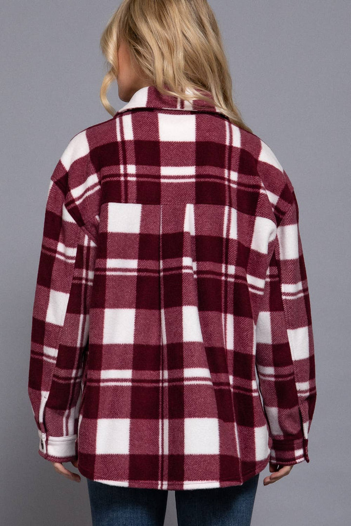 Check Printed Fleece Shacket-burgundy