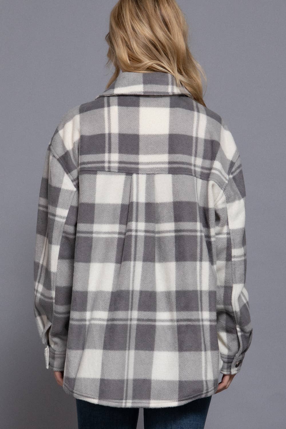 DOORBUSTER Long Sleeve Check Printed Fleece Shacket: GREY