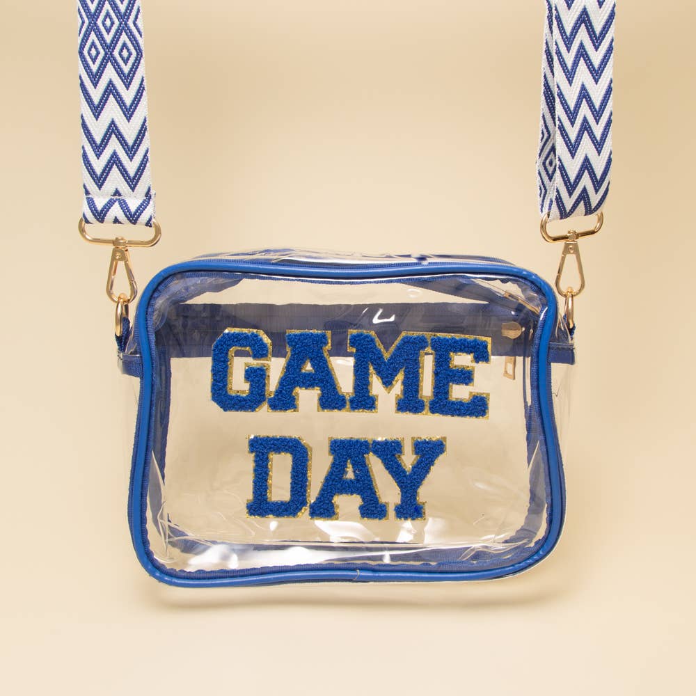 “Game Day” Fuzzy Chenille Clear Crossbody Bag: Blue
