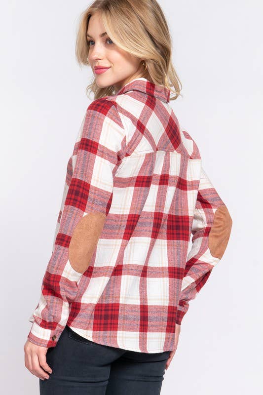 DOORBUSTER Flannel with Suede Patch Button Down Plaid Shirt: Red-Ivory