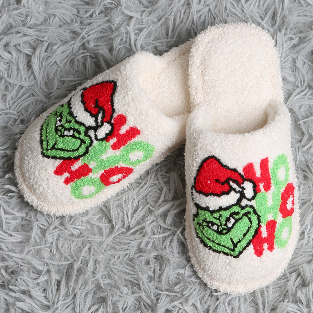 HOHOHO PATTERN EMBROIDERED LUXURY SOFT SLIPPERS