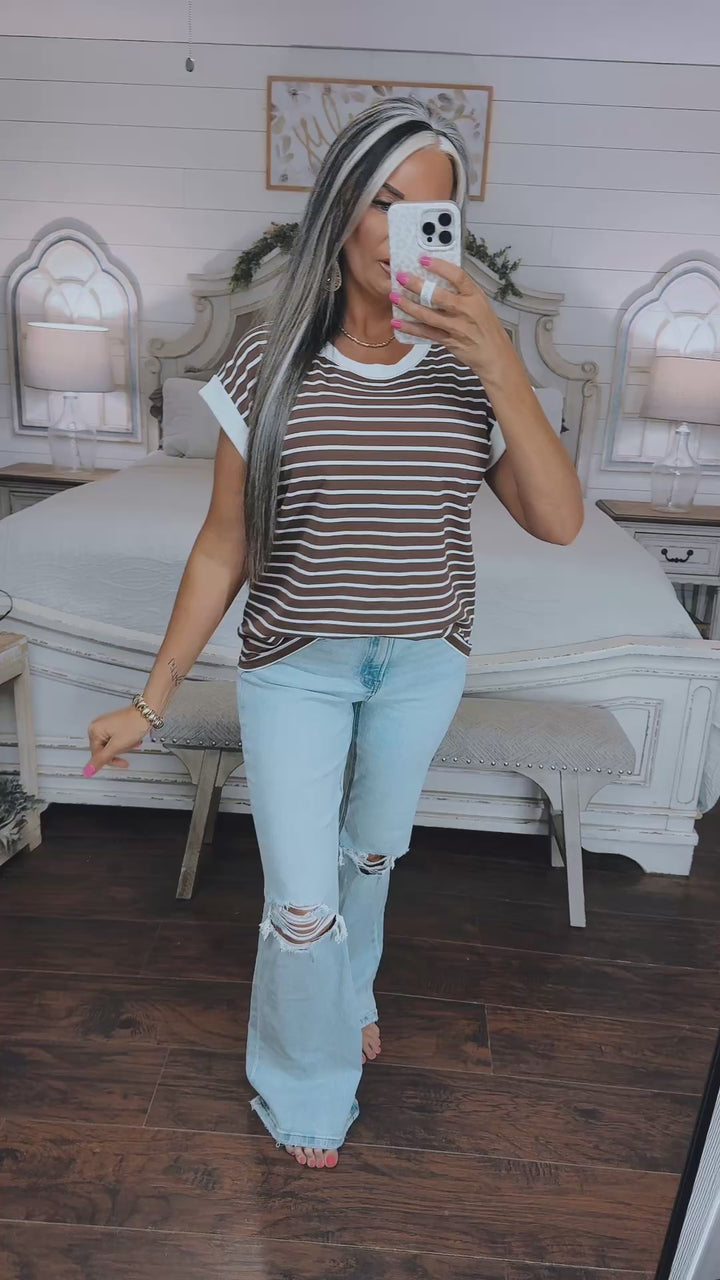 Cocoa Stripe Cap Sleeve Tee